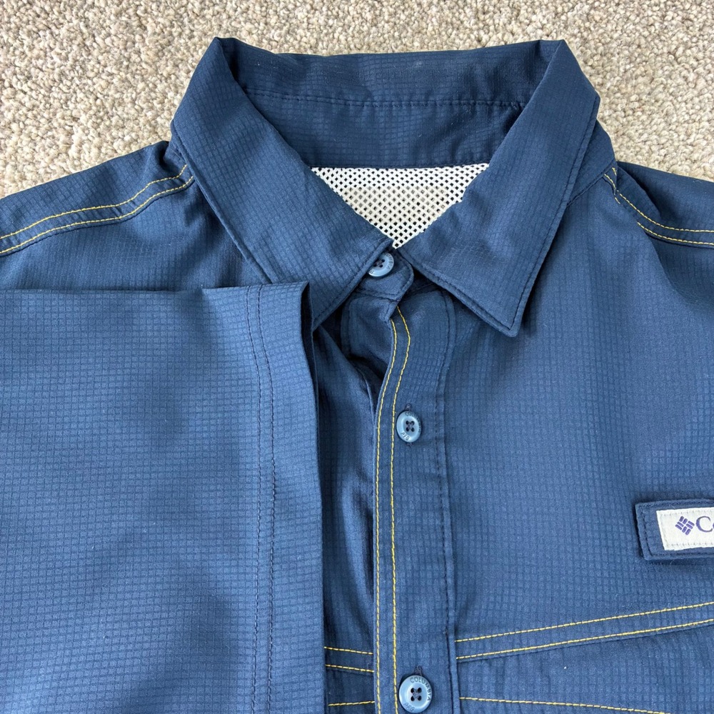 Columbia‎ PFG WVU Blue Mountaineers Button Up Fishing Shirt Mens Short Sleeve